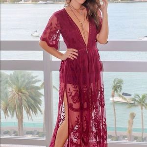 Deep neck maroon romper-dress